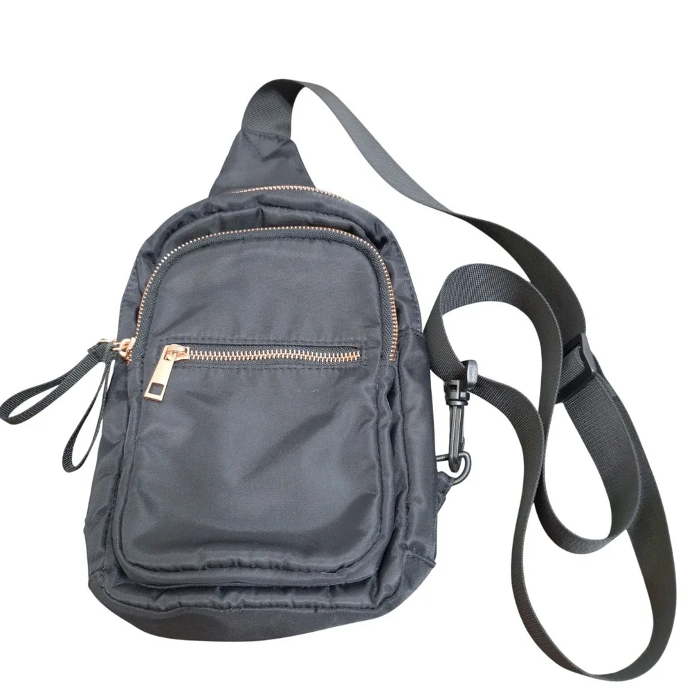 Sling Bag Backpack Unisex Small Black Rose Gold Hardware Multi-Pocket Travel